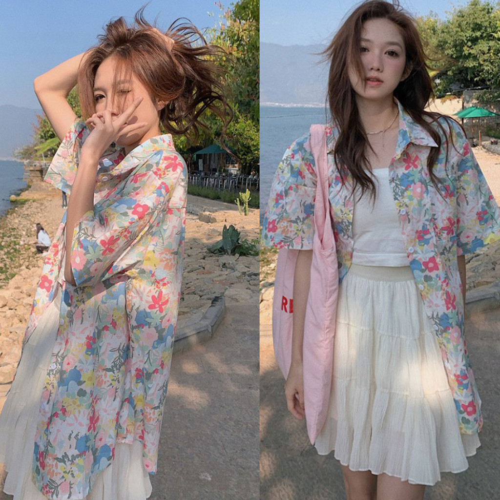 Dahong W367 เสื้อเชิ้ตแขนสั้นผู้หญิง ทรงหลวม เสื้อฮาวาย ลายดอกไม้ ฟชั่นฤดูร้อน สไตล์เกาหลีมาแรง