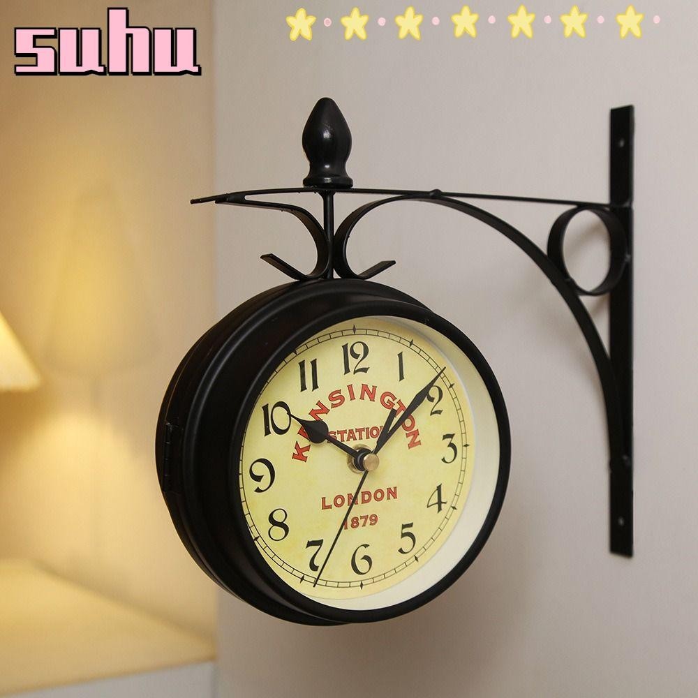 Suhuhd Wall Clock, ตกแต ่ งบ ้ านนาฬิกาโลหะทนทานคุณภาพสูงสองด ้ าน Retro Garden ตกแต ่ งสถานีรถไฟ