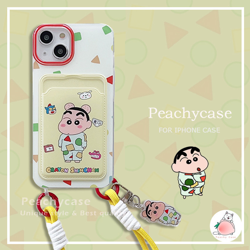การ ์ ตูนชุดนอน Crayon Shin-chan Card กระเป ๋ าสตางค ์ Slot โทรศัพท ์ สําหรับ iPhone 15 14 13 12 Pro Max 11 จี ้ สายรัดข ้ อมือ TPU Drop ทนปกหลังโทรศัพท ์ มือถือปลอก