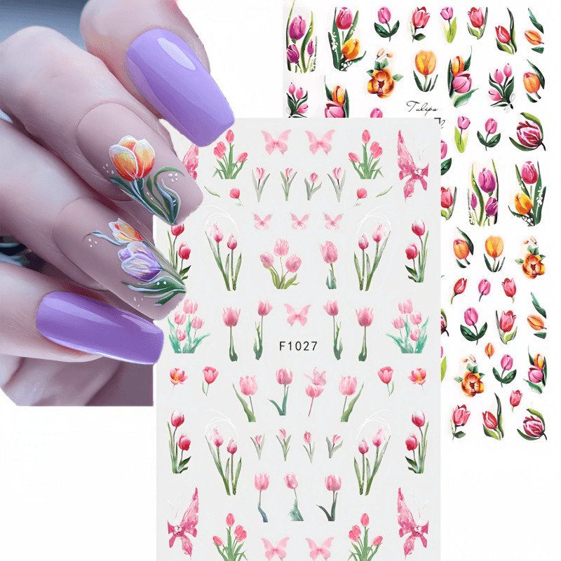 1pcs Y2K ดอกไม้ Tulip สติกเกอร์เล็บเลเซอร์ผีเสื้อเล็บอุปกรณ์เล็บ Decals กดบนเล็บสุภาพสตรีตกแต่งเล็บ