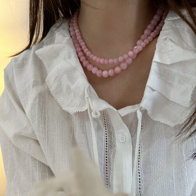 สร้อยคอลูกปัดหินธรรมชาติสีชมพูหญิงแฟชั่นที่สง่างาม