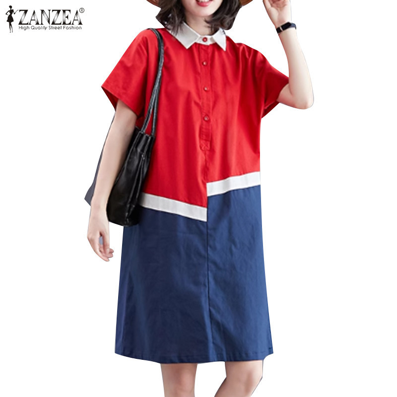ZANZEA ซานเซีย ผู้หญิงเสื้อเชิ้ตเกาหลีคอปกแขนสั้นชุดเย็บปะติดปะต่อกันหลวม