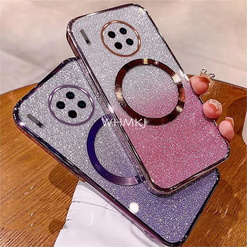 ปลอก Huawei Mate 20 Pro Mate 20x Mate 30E 40e Mate 30 40 50 Pro Mate 60 Pro เคสโทรศัพท์แวววาวชุบพร้อมแม่เหล็กดูดและเลนส์ป้องกันการตกสําหรับครอบคลุมเต็มรูปแบบ