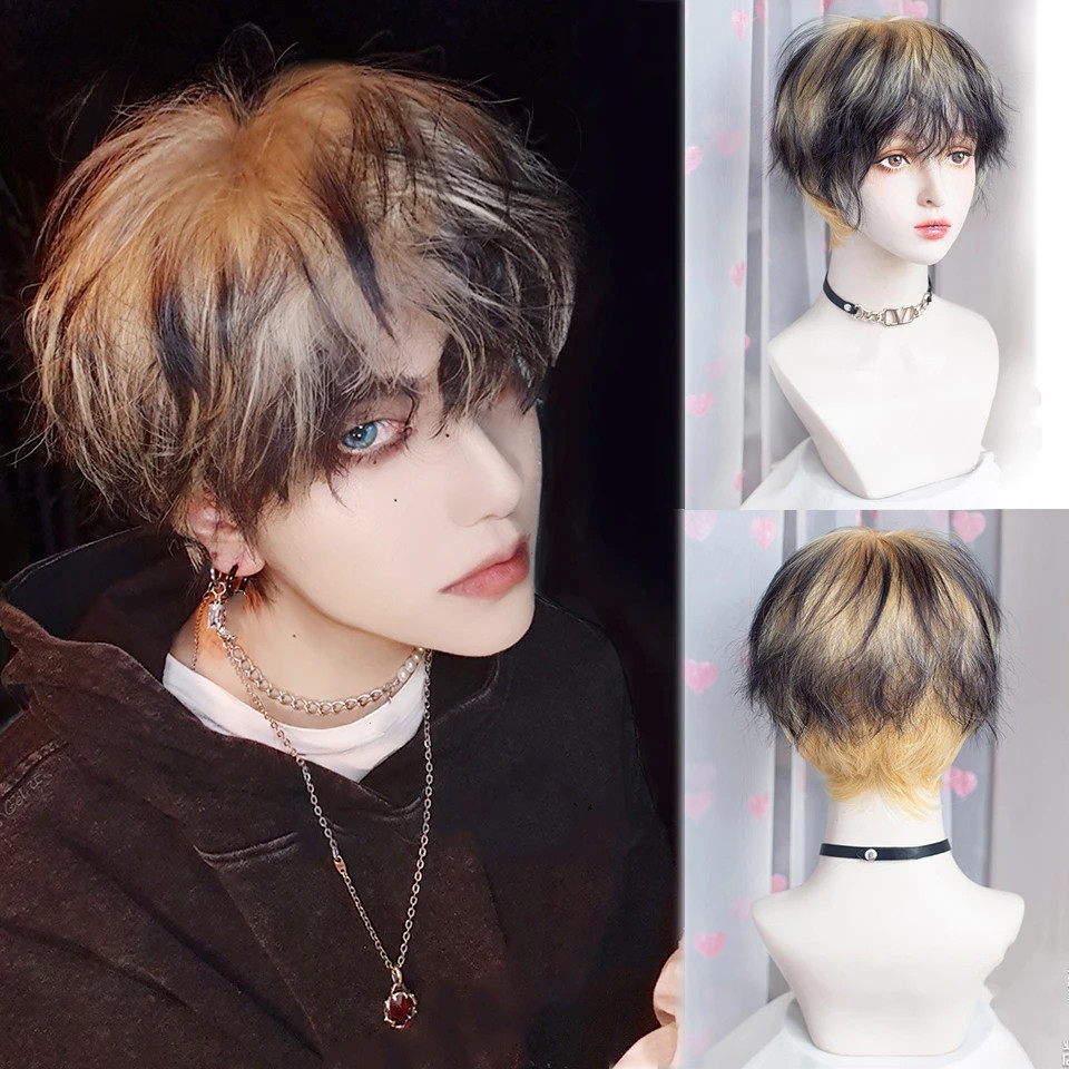 สั้นผู้ชายวิกผมคอสเพลย์ผู้ชาย Boy Party Light Gold สังเคราะห์ทนความร้อนวิกผมผู้ชายคอสเพลย์วิกผม