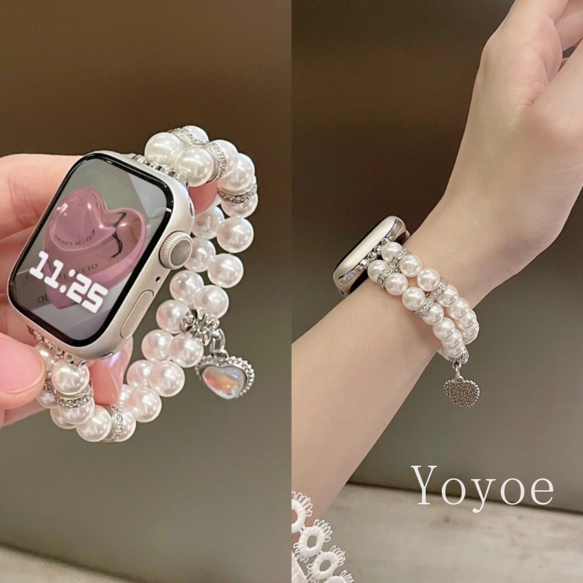 Love Heart Pearl หยกหินความยืดหยุ่นโซ่สําหรับ Apple Watch series 10 45 มม.Ultra 2 49 มม.44 มม.45 มม.42 40 41 38 MM เครื่องประดับสร้อยข้อมือสําหรับ Iwatch 9 Se 5 6 8 7 4 3 สาย