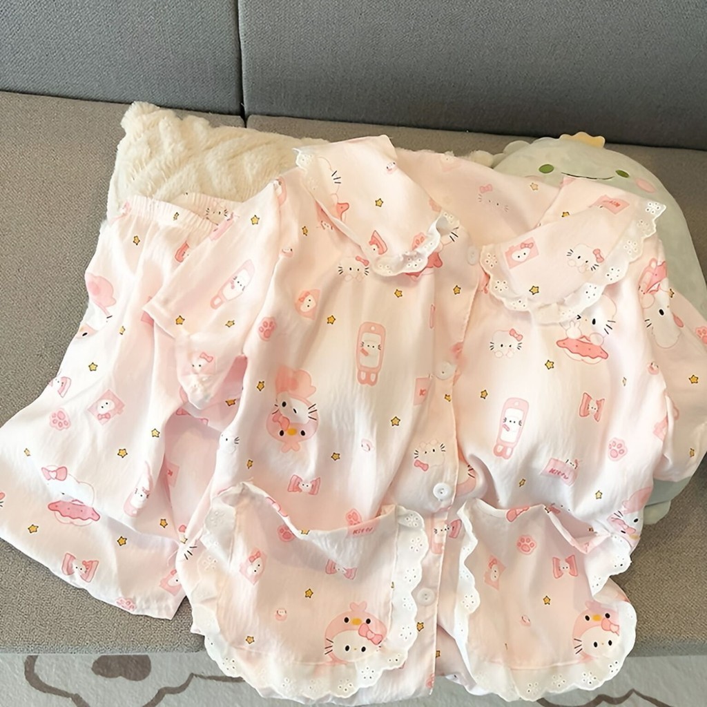 น่ารักคิตตี้แมวชุดนอนสาวหลวมฤดูร้อน ชุดบ้าน หอพักนักเรียน Hello Kitty ชุดนอน