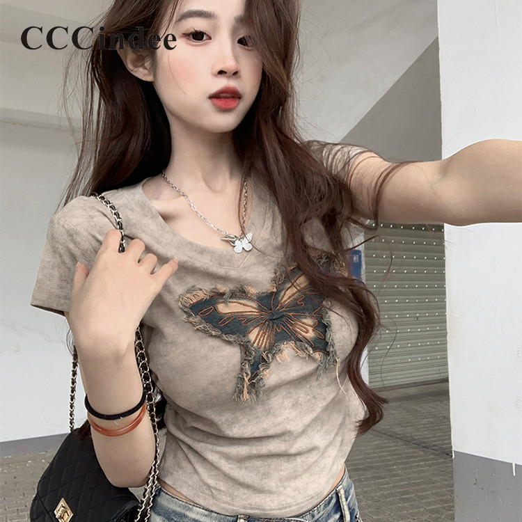 Cccindee Womens 2024 แฟชั่นใหม่ Retro Tie-dye Bow Slim Casual All Match เสื้อยืดแขนสั้น