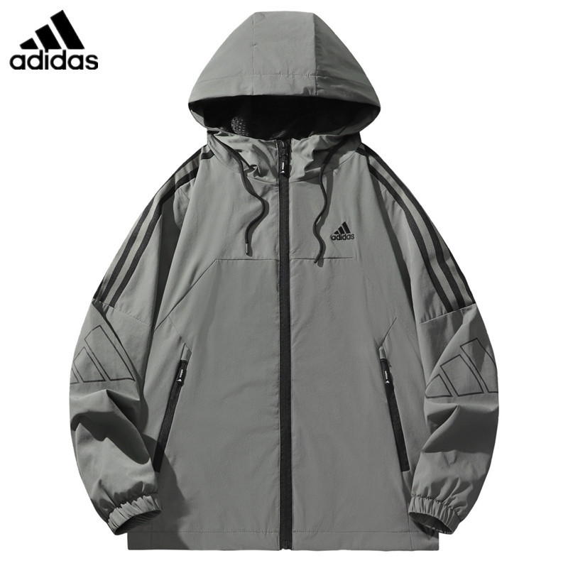 โลโก้ปัก Adidas Original Hooded Windbreaker Plain Jacket เสื้อแจ็คเก็ต Unisex กีฬากลางแจ้ง Windbreaker Bomber Jacket