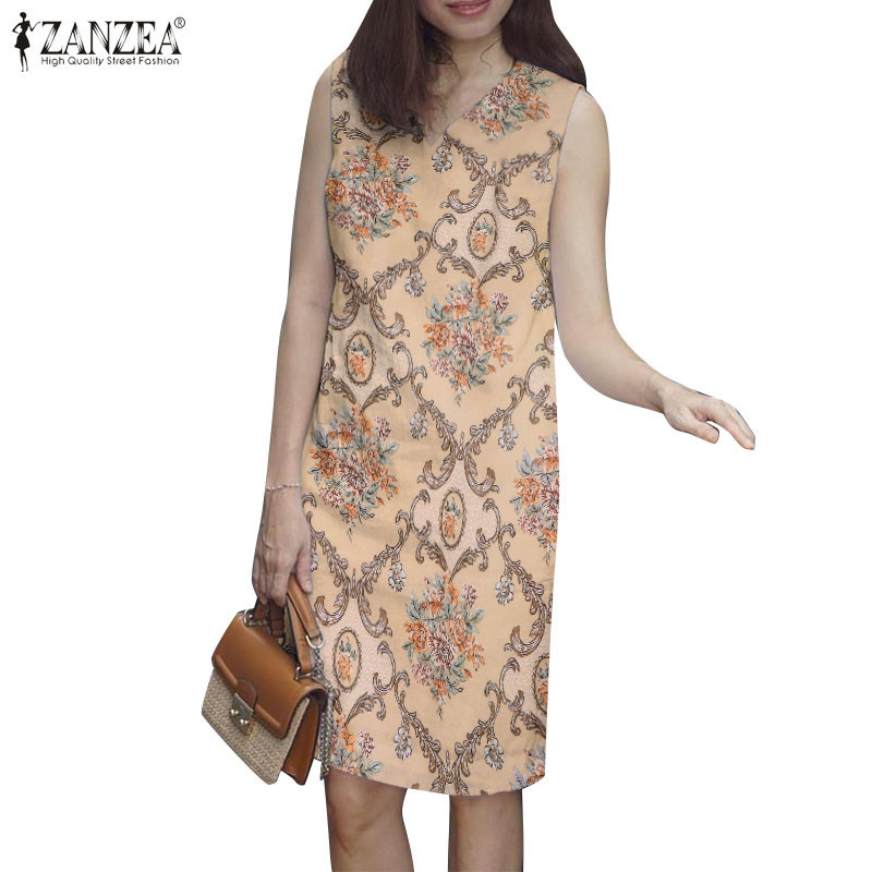 ZANZEA ซานเซีย ผู้หญิงเกาหลีลําลองคอวีแขนกุดหลวมพิมพ์ชุดทุกวัน