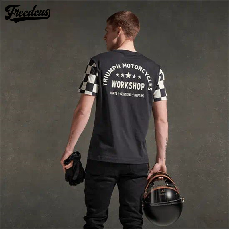 ใหม่ Retro Triumph Triumph รถจักรยานยนต์แขนสั้น Quick-Drying Off-Road ขี่จักรยาน Jersey สีดําสีขาว Checkerboard Checkerboard