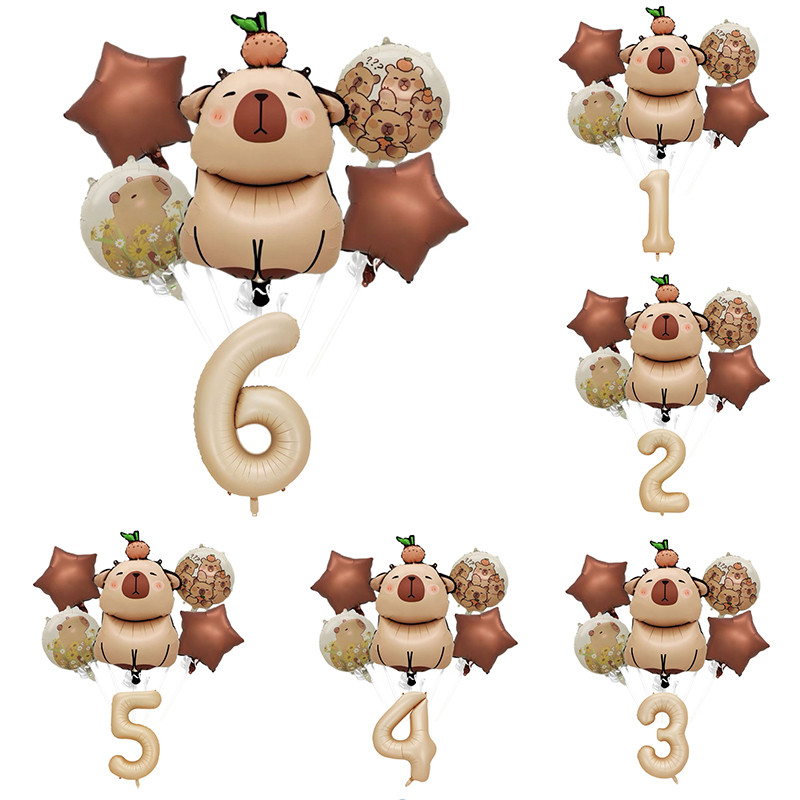 6pcs การ์ตูน Capybara Theme บอลลูนชุดสัตว์เด็กวันเกิด Party Decors 40 นิ้วฟอยล์คาราเมลจํานวน Baby Shower Globos