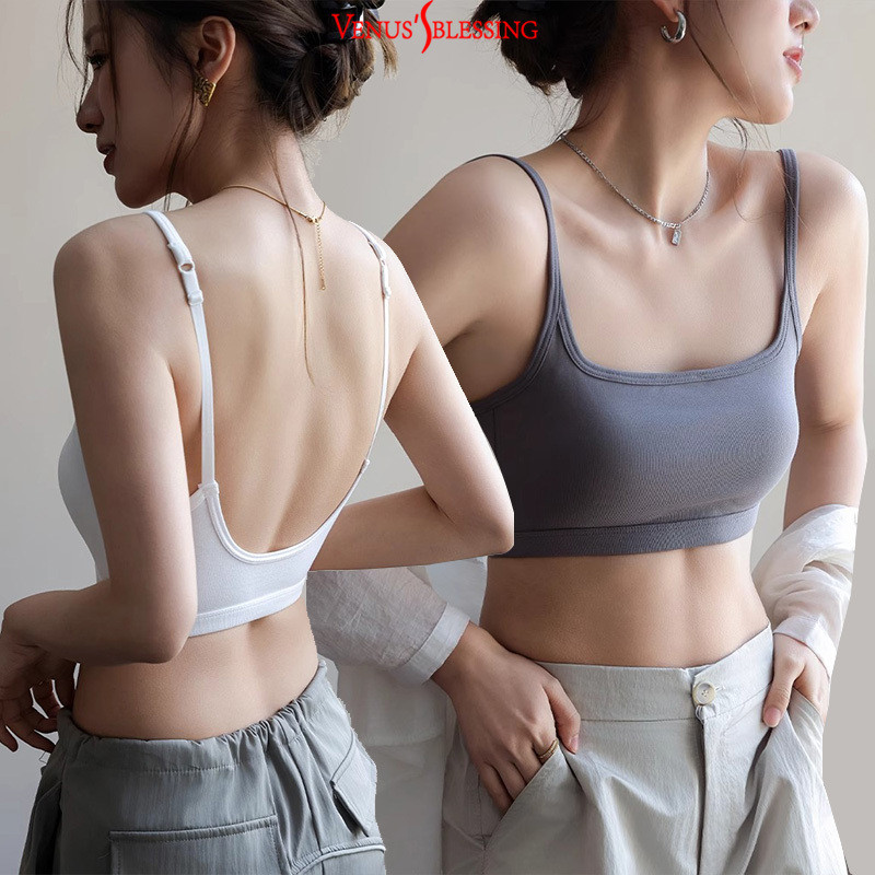 2 IN1 Bra-top ผ้าฝ้ายแท้คอเหลี่ยม Big-U ด้านหลังด้านบนพร้อมแผ่นรองหน้าอกเสื้อชั้นในสตรี + ท็อป 2in1