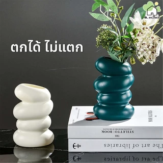 กระถางดอกไม้ ตกแต่งห้องนั่งเล่น แจกันดอกไม้พลาสติกสีขาว แจกันต้นไม้ แจกันตกแต่งดอกไม้แห้ง แจกันกลมรูปโดนัท นอร์ดิก