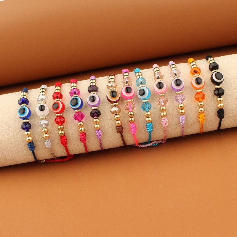 Handmade Evil Eye สร้อยข้อมือถักที่มีสีสัน Faux คริสตัลลูกปัดสร้อยข้อมือปรับมืออุปกรณ์เสริมเครื่องประดับ