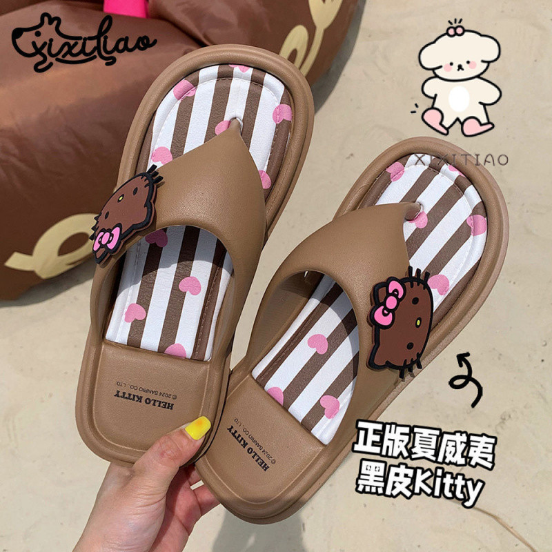 Xitiao ฮาวาย Influencer หวานหนังสีดํา kitty Cat Seaside Flip-Flops หญิงฤดูร้อนน่ารัก ins แบน Flip-Flops รองเท้าแตะรองเท้าแตะ