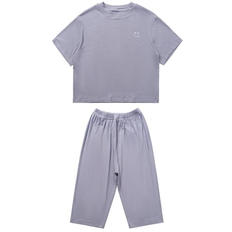 ชุดนอนเด็กผู้ชายชุดผ้าไหมน้ําแข็งผ้าเด็กสบายๆและสะดวกสบายเสื้อผ้าปรับอากาศสบายๆสีทึบเรียบง่ายชุดสองชิ้น - รูปที่ 3