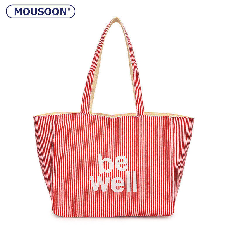 MOUSOON มูซูน เกาหลีใต้ความจุขนาดใหญ่ สิริ สองด้านใหม่ลายลําลองไหล่ข้างเดียวเนื้อเย็บปักถักร้อยกระเป๋าผ้าใบนักเรียน