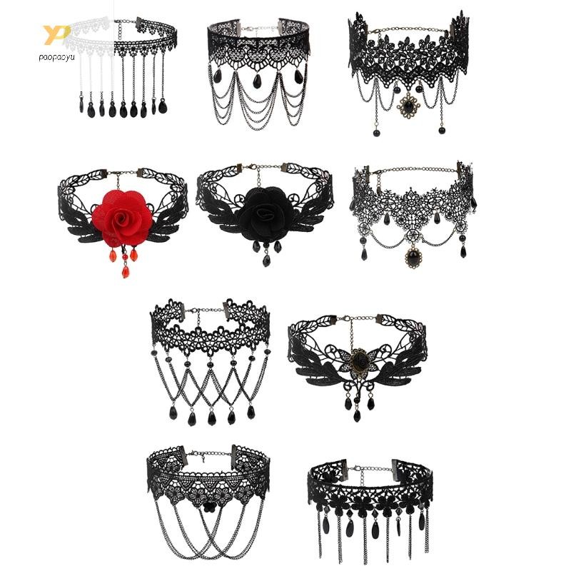 Ppy Elegant สีดําพู่ลูกไม้คอ Lolita Choker สร้อยคอฮาโลวีนสําหรับแวมไพร์สําหรับผู้หญิงสาวใน