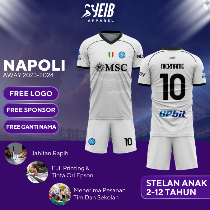 NAPOLI AWAY KIDS FOOTBALL JERSEY 2023 2024 SERIE A CUSTOM NAME SPONSOR CUSTOM NAME FOOTBALL JERSEY