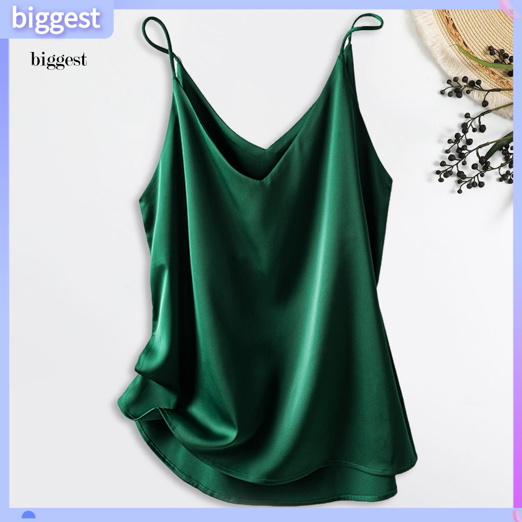 Bgt V คอ Camisole สีทึบเสื้อกล้ามสไตล์ V คอซาติน Camisole เสื้อกล้ามสําหรับผู้หญิงหลวม Fit สีทึบเสื้