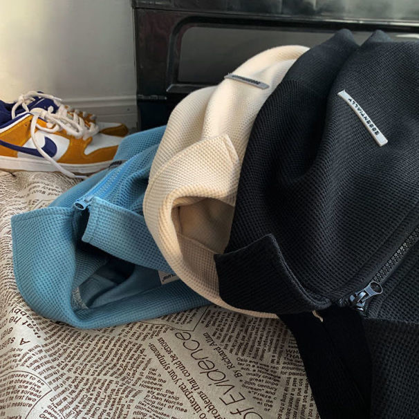 M＆M เสื้อโปโล ผ้าวาฟเฟิล เสื้อยืดมีซิป สไตล์วิทยาลัย ผ้าฝ้ายวาฟเฟิล สบายๆ กีฬาและสันทนาการ เสื้อผ้าคู่รัก - รูปที่ 6