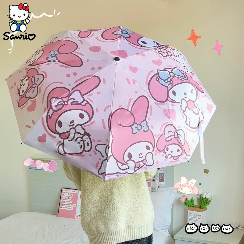 Sanrio My Melody ร่มการ์ตูนอะนิเมะ Sanrio ม่านบังแดด Rain หรือ Rain Dual-use พับสีดําเคลือบผ้ากันชนร่ม