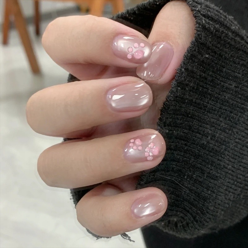 HANDMADEPress On Nails ชุดเล็บปลอมเล็บสั้น Cat Paw Nails Shinning Cat Eye เล็บปลอมสีชมพูสติกเกอร์เล็