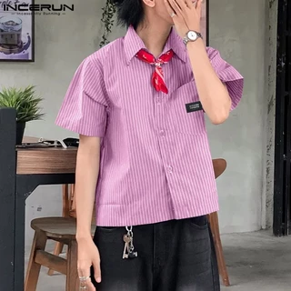 INCERUN เสื้อเชิ้ตพิมพ์ลายลายทางลําลองสไตล์เกาหลีสําหรับผู้ชาย (เนคไทไม่มี)
