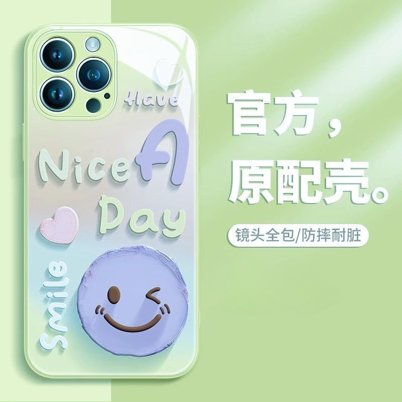 เคสโทรศัพท์มือถือกระจก ลายหน้ายิ้ม ภาษาอังกฤษ สไตล์มินิมอล สําหรับ iPhone 15 Promax 14plus 13mini 12 Promax 11 Promax 7 8 Plus Xsmax XR