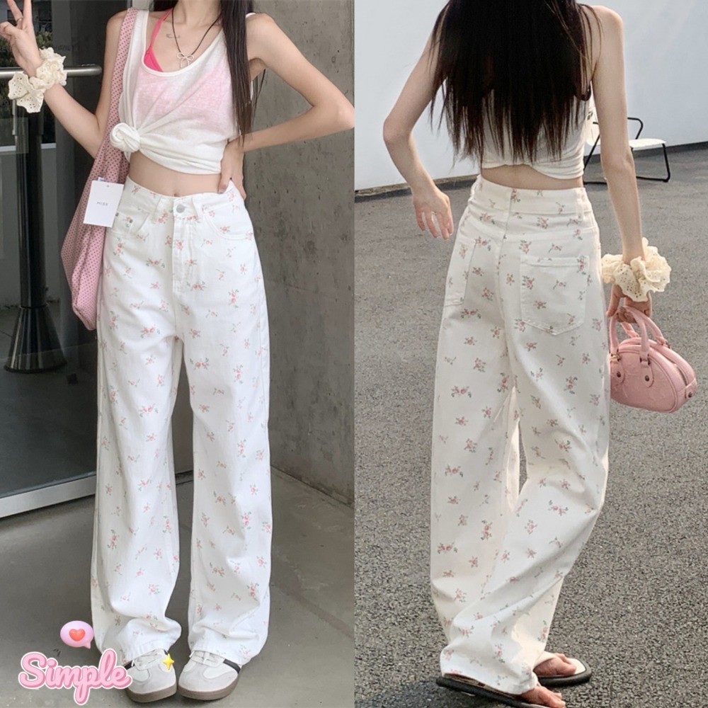 SimpleStore จัดส่งในกรุงเทพฯ ฤดูใบไม้ผลิและฤดูร้อนดอกไม้สีขาวขนาดเล็กเอวสูงทรงกระบอกกางเกงยีนส์หลวมสำหรับผู้หญิง 117
