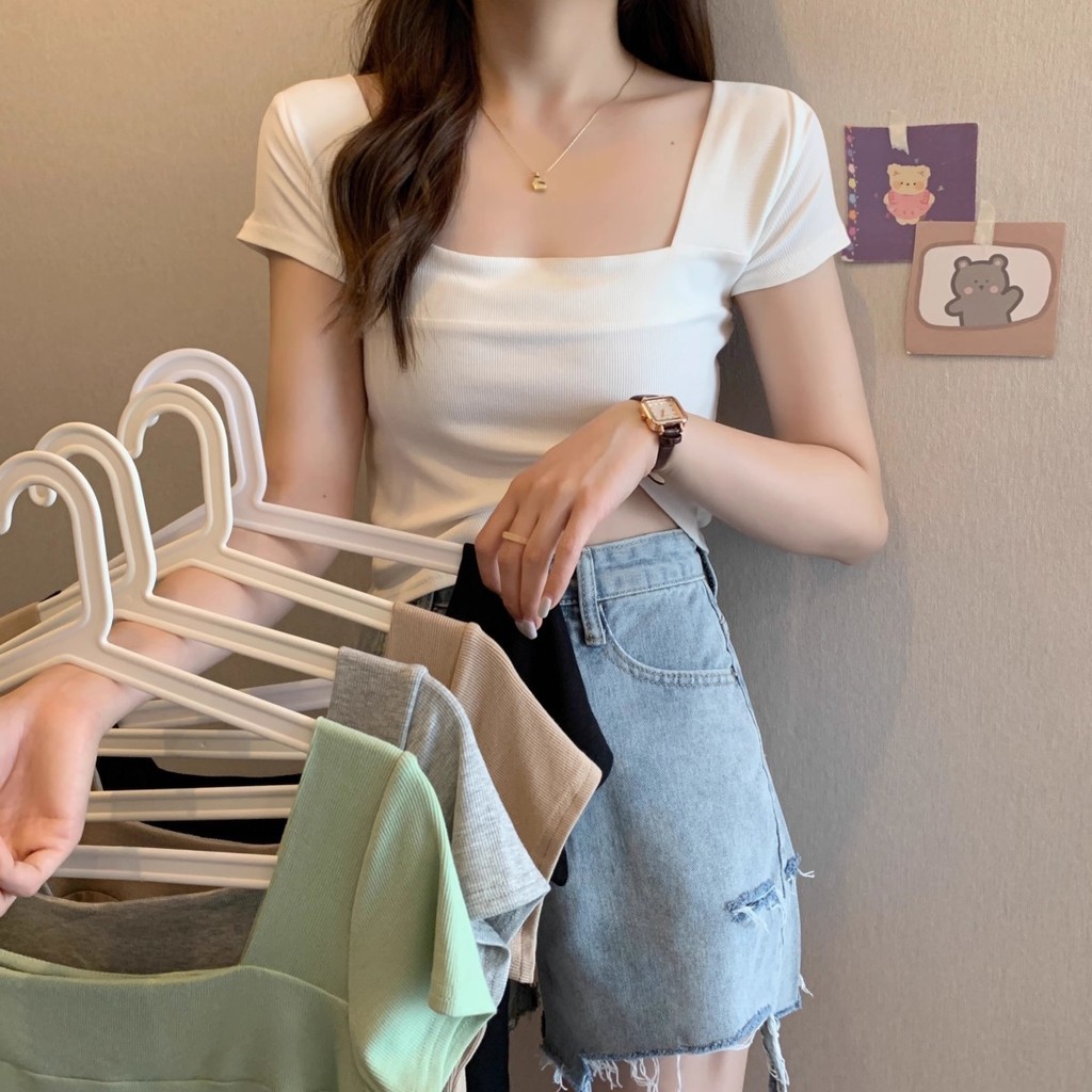 พร้อมส่ง เสื้อยืดแขนสั้น คอสี่เหลี่ยม เปิดไหล่ เข้ารูป สไตล์ตะวันตก พลัสไซซ์ แฟชั่นฤดูร้อน สําหรับผู้หญิง
