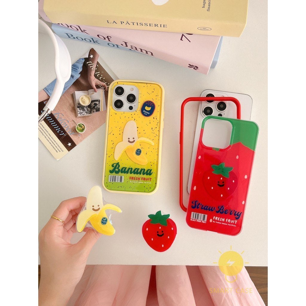 For เคสไอโฟน 11 [Detachable Two-piece Strawberry Banana Pop Grip] เคส Phone Case For iPhone 15 Pro Max 14 Pro Max 13 12 11 For เคสไอโฟน11 Ins Korean Style Retro Classic Couple Shockproof Protective TPU Cover Shell