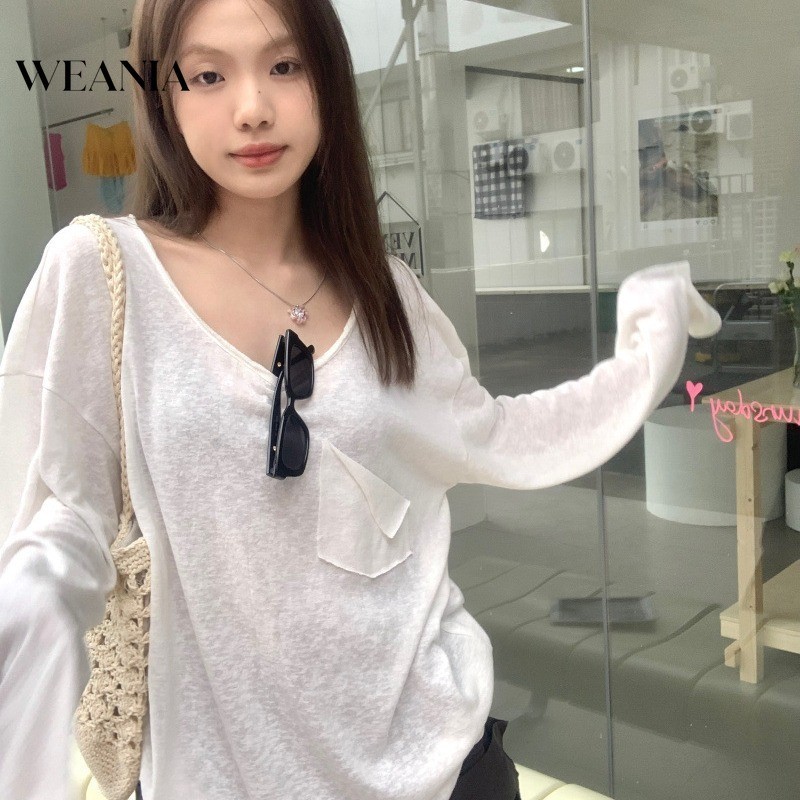 Weania เสื้อยืดแขนยาว คอยู กันแดด ทรงหลวม สีขาว แบบบาง