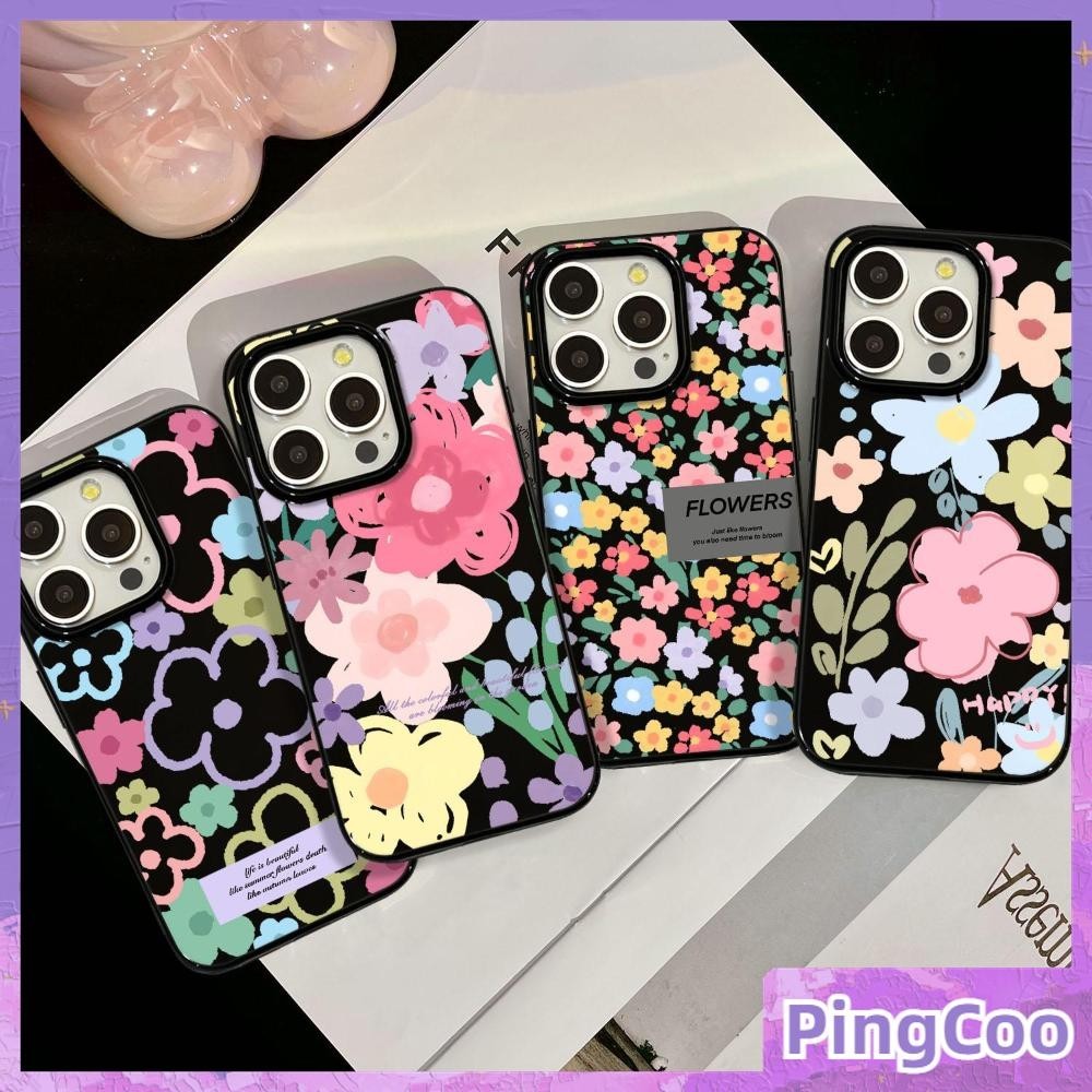 Pingcoo - สำหรับ iPhone 15 Pro Max เคส ไอโฟน สีดำมัน TPU ซอฟท์เคส กันกระแทกกล้องป้องกัน ดอกไม้หลากสีสันขนาดใหญ่ เข้ากันได้กับ iPhone 14 13 12 Pro Max 11 XR XS Max 7 8 Plus