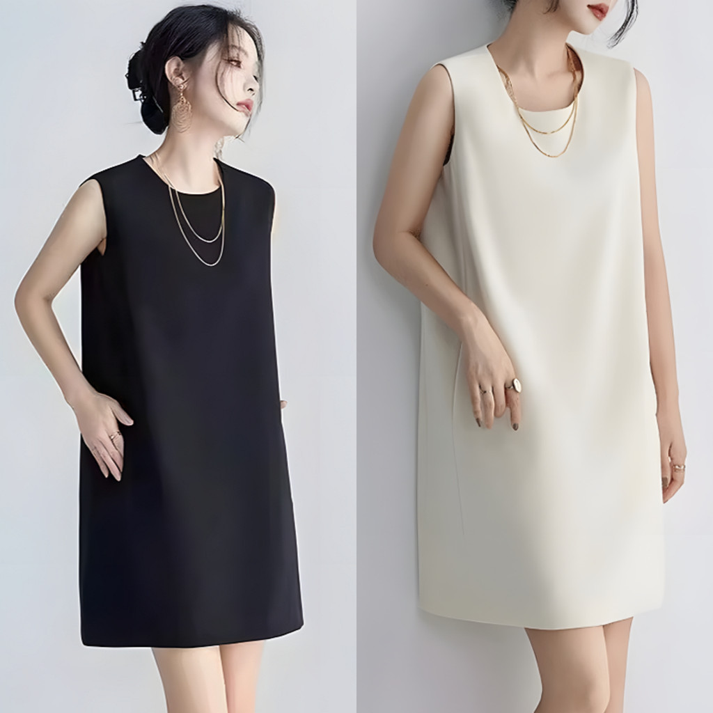 Ccute พร้อมส่ง เดรส เก๋ๆใส่ได้หลายลุค แขนกุด คอกลม ผ้าซาติน งานดี แฟชั่นสไตล์เกาหลี เอาใจสาวๆ