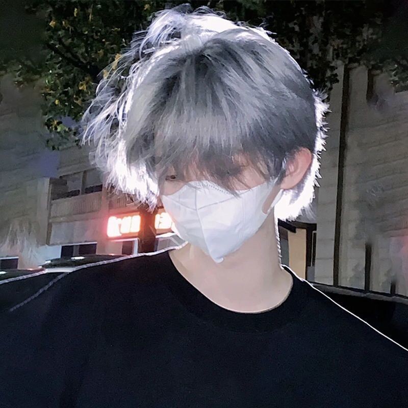 วิกผมชายผมสั้นเกาหลีรุ่นหล่อญี่ปุ่นชายเงินน้ำแข็งสีฟ้ายายสีเทาธรรมชาติประจำวันผู้ชายเต็มหัว - รูปที่ 3