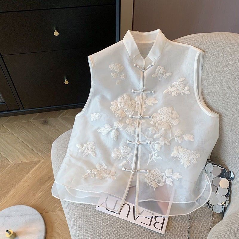 2024 South Oil High-End ผู ้ หญิงสไตล ์ จีนใหม ่ ปัก Organza Stand-Up Collar Buttoned เสื ้ อกั ๊ กผู ้ หญิงฤดูใบไม ้ ผลิสไตล ์ จีน 5.3 - รูปที่ 3