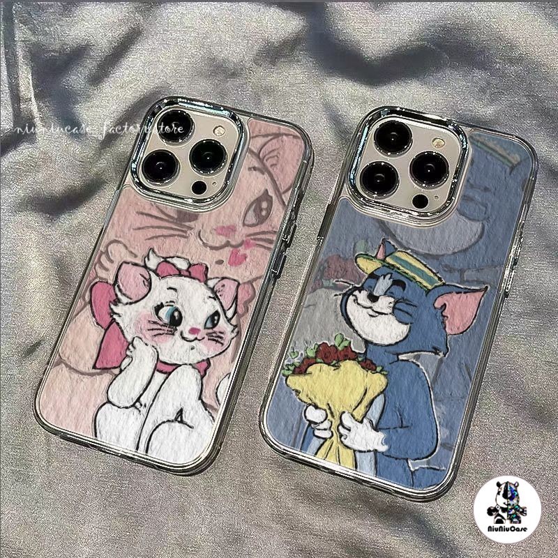 สําหรับ เคสไอโฟน11 13 12 14 15 Pro Max XR X XS 7 8 Plus SE เคส โปร่งใส แมวการ์ตูนคู่ กรณีโทรศัพท์มือถือกรอบรูปโลหะ Soft