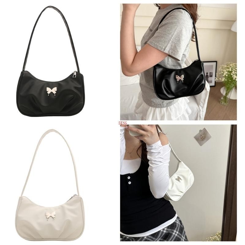 Seng Womens Butterfly Shoulder Bag Underarm Bag Pleated Armpit Bag PU Leather Handbag