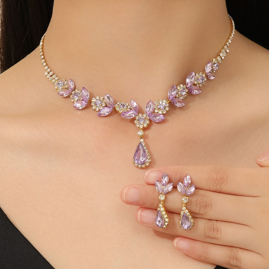 เครื ่ องประดับเจ ้ าสาวคริสตัลสีม ่ วง Rhinestone สร ้ อยคอชุดต ่ างหูชุดแต ่ งงานอุปกรณ ์ เสริมสไตล ์ เกาหลี