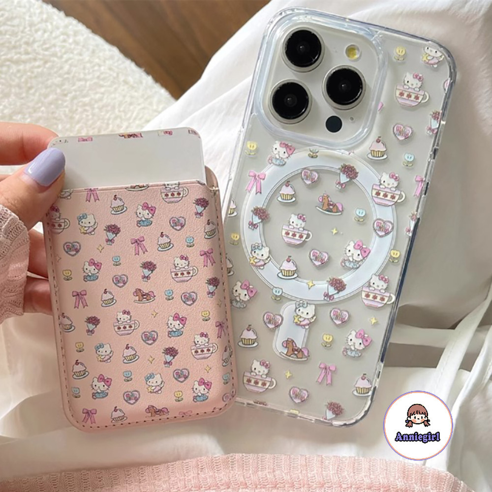 การ์ตูน Kitty Cat Card Holder เคสโทรศัพท์แม่เหล็กสําหรับ IPhone 11 13 14 Pro MAX 12 15 Promax XS MAX XR 7 8plus Dirt Resistance Wireless Charger โทรศัพท์ปกหลัง