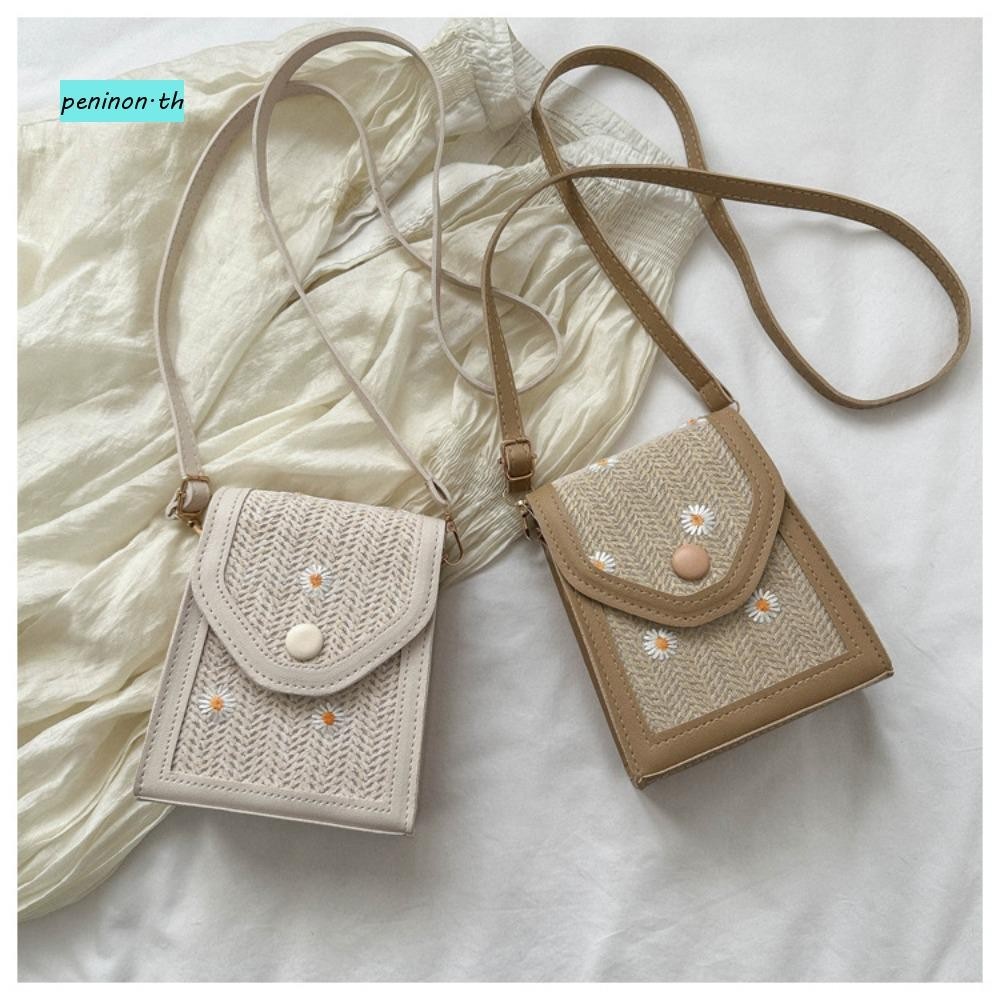 Peninon Straw Plaited Phone Bag, Little Daisy Straw Embroidery Bag, Dacron Phone Pouch