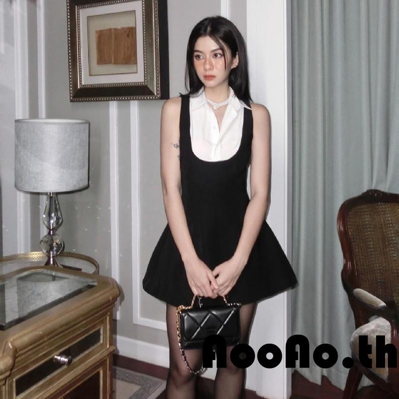 AooAo-มินิเดรสผู้หญิงแขนกุดสีตัดกันชุดเดรสทรงเอ