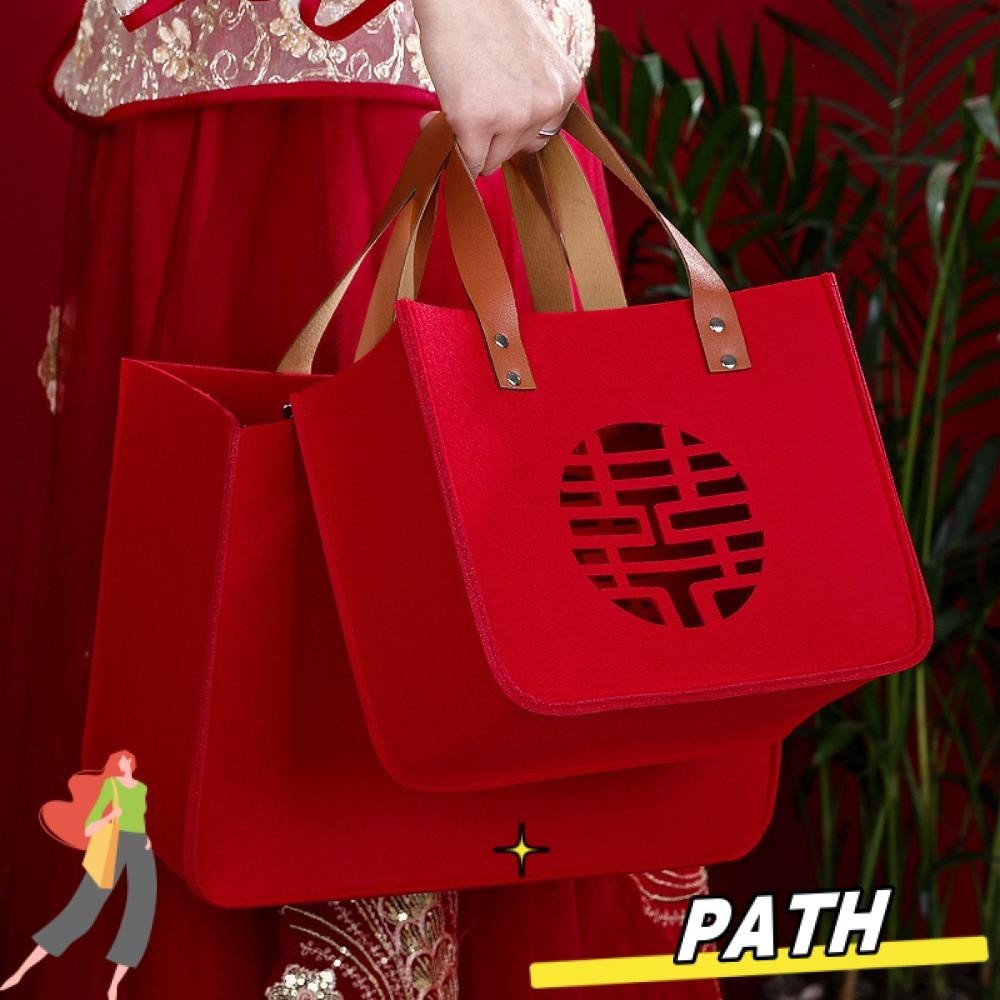 Path Felt Gift Bag, Square Shape Felt Candy Lucky Bag, Senior PU Handle Storage Bag