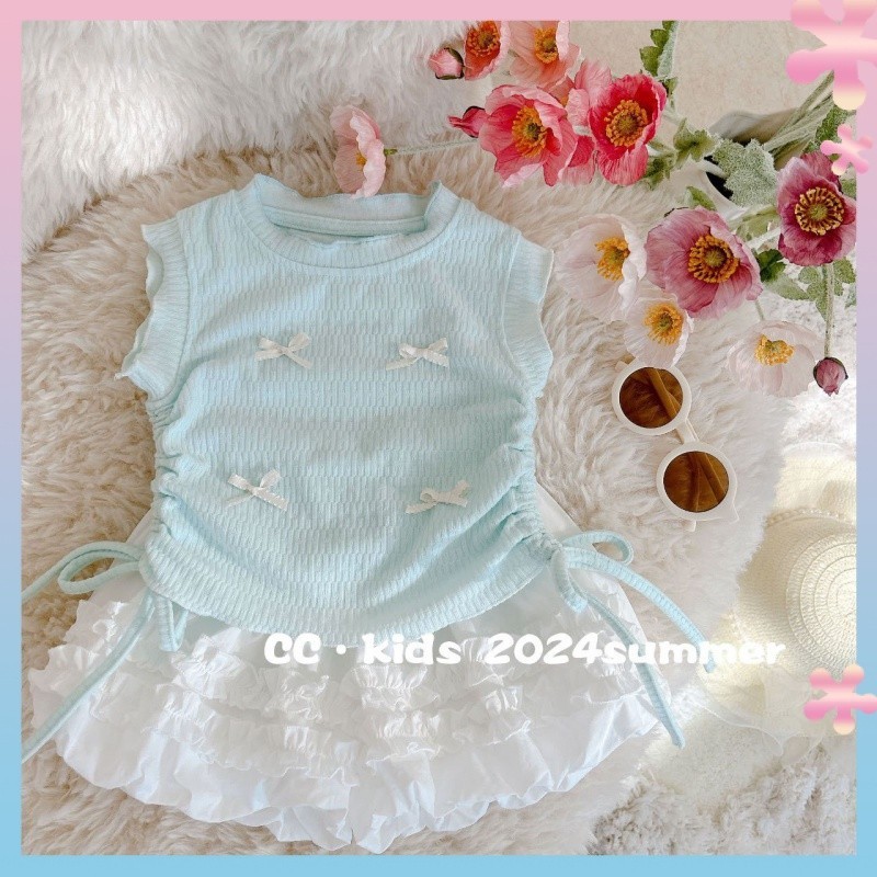Girls' Western Style Suit2024Summer New Baby Drawstring Bow Top Fashion Bud-Waisted Shorts Two-Piece Set