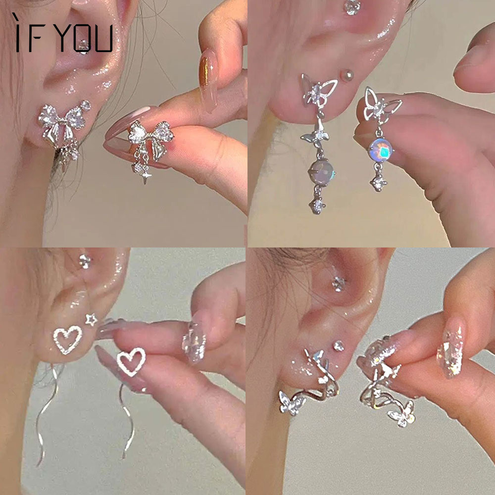 เพชรผีเสื ้ อเจาะต ่ างหูผู ้ หญิงคริสตัล MoonStone หัวใจเงินต ่ างหู Hypoallergenic อุปกรณ ์ เสริมเครื ่ องประดับ