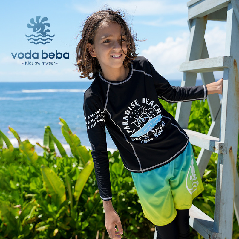 voda beba ชุดว่ายน้ำเด็กผู้ชายเด็กโตแบบแยกชิ้นแขนยาวขายาวกันแดดชุดว่ายน้ำสำหรับเด็กอายุ6-16ปี