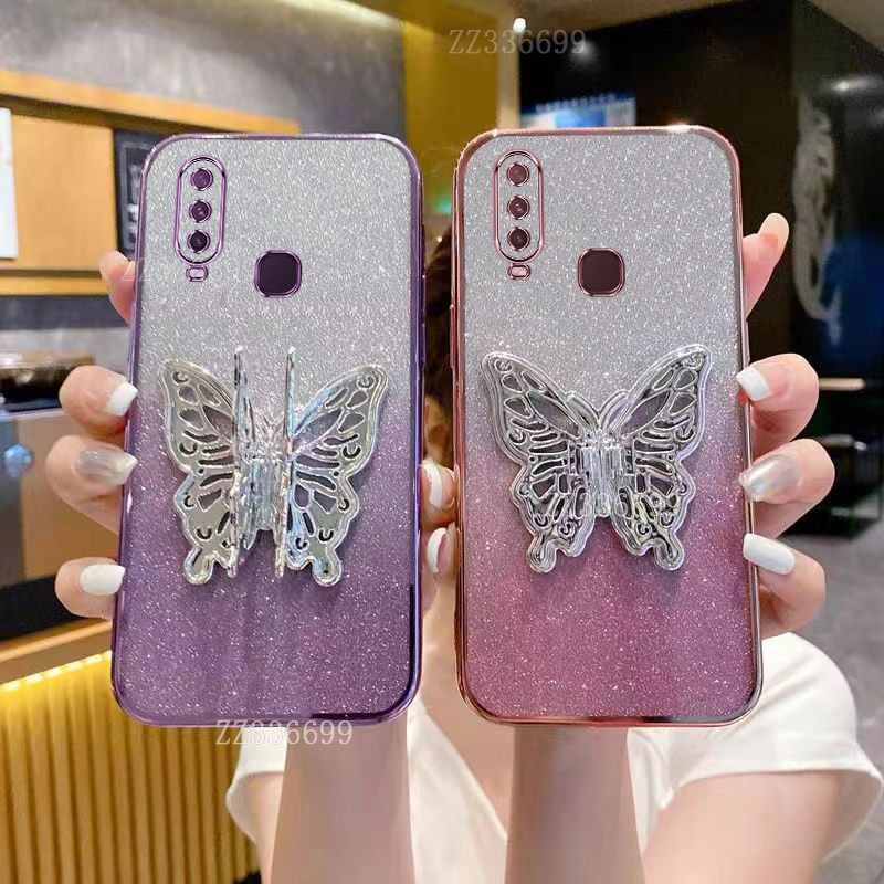 เคส VIVO Y11 Y12 Y15 Y17 Y19 Y1S ผีเสื้อพร้อมที่วางซิลิโคนเคสโทรศัพท์ใสนุ่มสําหรับสาว