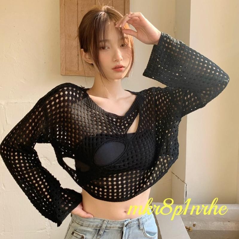 ผู้หญิง Hollow OUT เสื้อถักแฟชั่นแขนยาวรอบคอหลวมเสื้อยืด COVER UPS