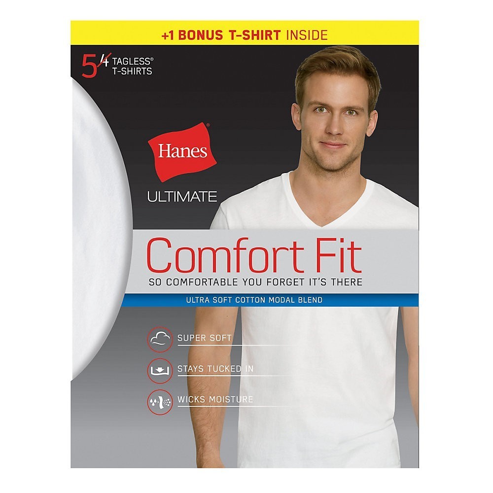 ชุดเซต 5 Hanes Ultimate Comfort Fit 5 เสื้อยืดสีขาวคอวีไร้แท็ก (Usa)